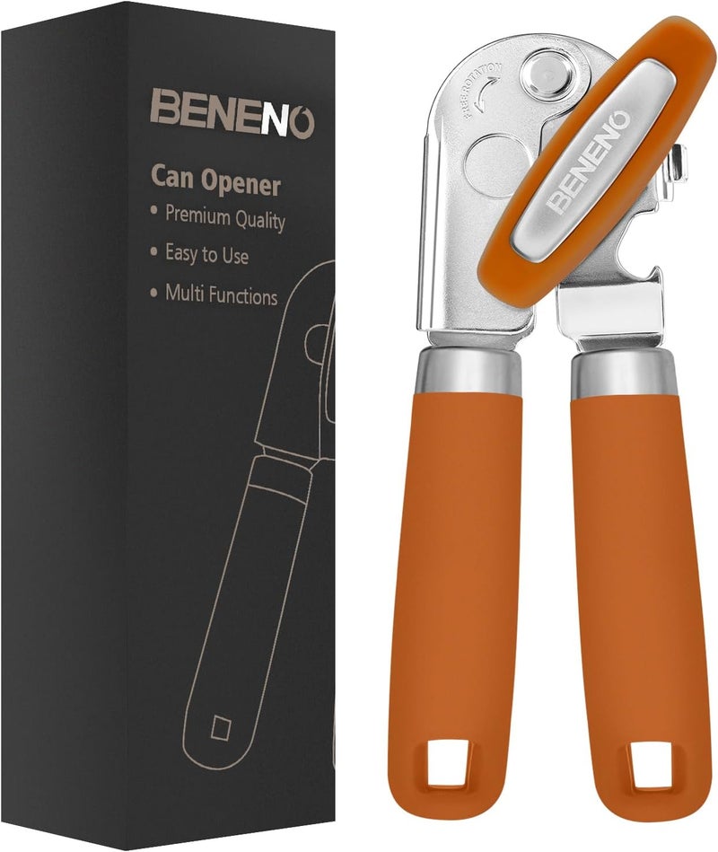 Beneno Heavy Duty Hand Can Opener Manual with Magnet, Durable Sharp Carbon Steel Blade Smooth Cutting, Big Effort-Saving Knob, Soft Grip Handle, Multifunctional Kitchen Tool with Bottle Opener, Orange - Image 1